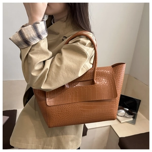 Detailed view of caramel crocodile embossed tote bag paired with a classic trench coat