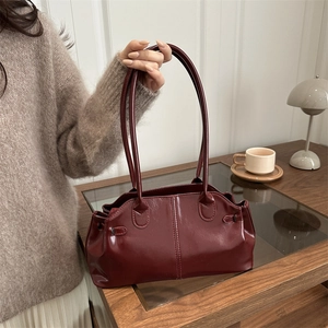 Retro Damen Schultertasche Glänzendes PU-Leder Große Kapazität Boston Handtasche Minimalistisch Einfarbig Achseltasche Für Alltag
