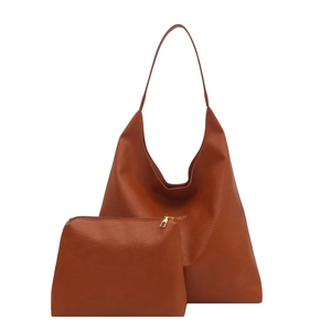 Fashion brown oversized tote bag and matching pouch set with faux leather texture