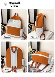 Collage showing front side back and bottom views of this contrast color casual backpack