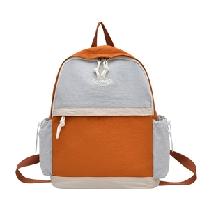 Fashionable orange and grey contrast nylon backpack with side pockets for students