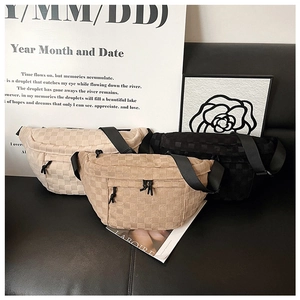 Minimalist checkered waist bag in cream, beige and black colors with adjustable strap