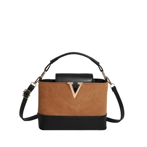 Brown and black quilted patchwork handbag with gold V metal accent and strap