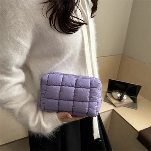 Chic quilted lavender down clutch bag with puffy square texture for winter women fashion