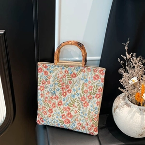 Vintage Dames Jacquard Tote Tas Met Bloemenprint En Bamboe Handvat Grote Capaciteit Stof Handtas Retro Casual Boodschappentas