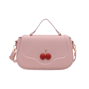 Elegant light pink square handbag with red cherry clasp and top handle for women