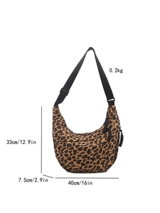 Detailed size chart of the leopard print hobo bag with adjustable black shoulder strap