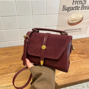 Vintage Women Splicing PU Leather Small Square Shoulder Bag Faux Suede Metallic Buckle Flap Crossbody Bag Daily Office Handbag