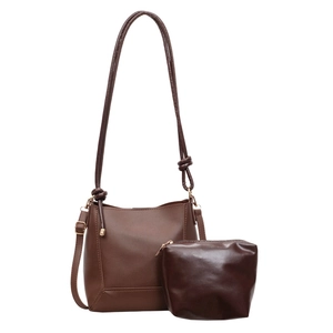 Vintage large brown leather bucket bag and pouch set with adjustable knot shoulder strap