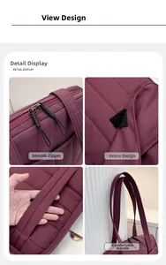 Detail view of burgundy quilted tote featuring dual zippers and velcro closure design