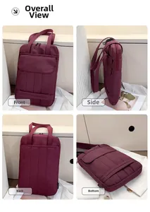 Multiple views showing the wine red laptop tote with vertical stitching and handy side pocket