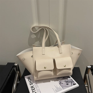 Chic cream white multi-pocket leather tote bag with gold buttons and dual handles