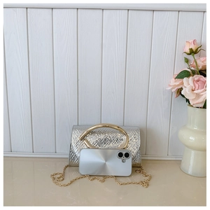 Silver evening bag with gold ring handle and chain shown next to a phone for size