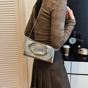 Metallic silver crossbody bag with gold oval buckle and chain strap on a model