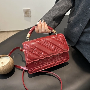 Women Glossy PU Leather Handbag Fashion Embossed Letter Crossbody Bag With Metal Handle Urban Style Shoulder Bag