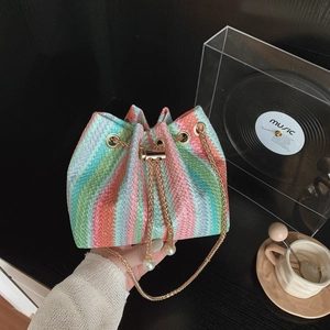 Bohemian Colorful Woven Bucket Bag For Women Fashion Rainbow Stripe Shoulder Bag With Gold Chain And Artificial Pearl Drawstring