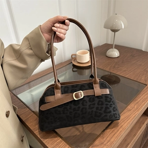 Women Leopard Print Shoulder Bag Retro Suede Texture Underarm Handbag With Gold Metal Buckle PU Leather Elegant Vintage