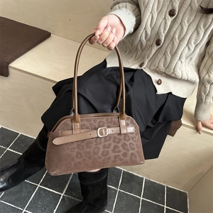 Retro leopard print tote bag in dark brown suede with elegant gold buckle detail