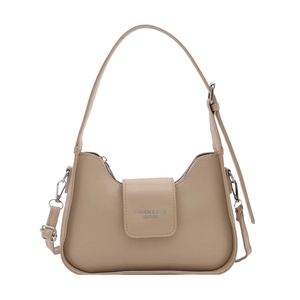 Chic beige leather underarm baguette bag with adjustable strap and silver lettering design