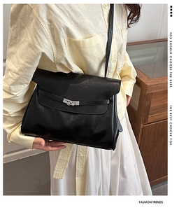 Detail of elegant black leather handbag with silver metal buckle and accordion sides