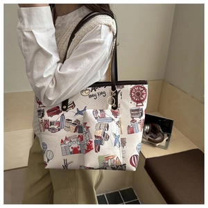 Detail of printed canvas tote bag featuring Hong Kong city travel illustrations