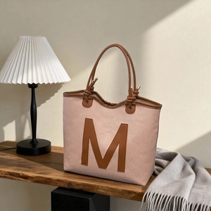 Women Large Capacity Tote Bag Vintage Woven Texture Letter M Fashion PU Leather Shoulder Handbag Casual Daily Use