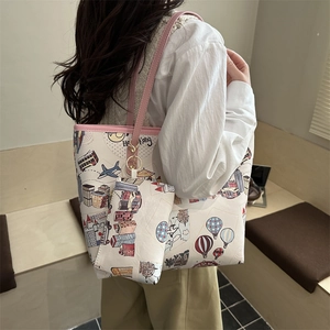 Borsa tote bianca a tema Hong Kong con stampe cartoni e piccolo portamonete coordinato