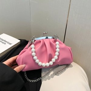 Light pink pleated cloud bag with pearl handle and metal crossbody chain strap