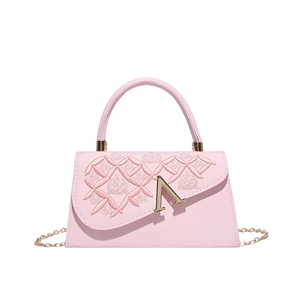 Sac à main chic en cuir PU rose avec broderie motif S et bandoulière chaîne dorée