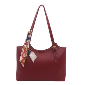 Retro burgundy leather tote bag with decorative printed silk scarf and contrast stitching