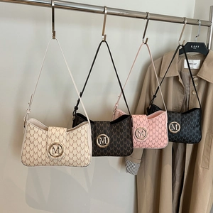 Women Vintage PU Leather Shoulder Bag Monogram Print Underarm Bag Gold Metal Buckle Trendy Handbag For Daily Work Party