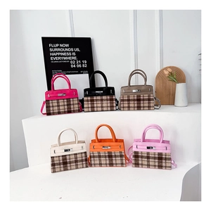Group display of chic checkered handbags with leather tops and metal turn-lock closures