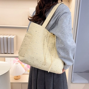 Bolso tote de lona crema con estrellas plateadas, gran capacidad para uso diario casual