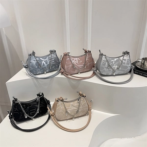 Chic crescent shoulder bags with letter print and pearl chain in five assorted colors