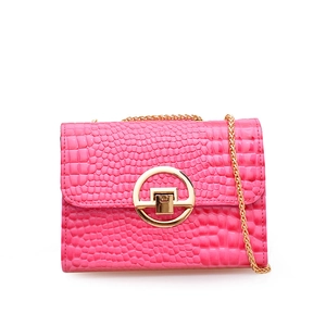 Hot pink crocodile embossed crossbody bag with golden round buckle and metal chain