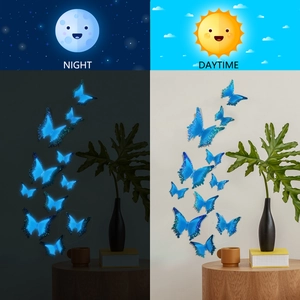 Luminous blue butterfly wall stickers showing day and night glowing effects comparison