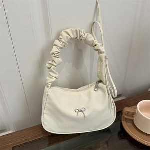 Sac Sous Le Bras Pour Femmes Poignée Froncée Nylon Demi-Lune Sac À Épaule Avec Noeud Métallique Et Fermeture Éclair