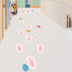 Pink bunny footprints and colorful Easter egg floor stickers for hallway decoration