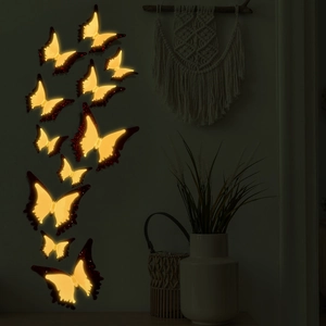Set of 12 luminous 3D butterfly wall stickers with warm yellow light and red glitter