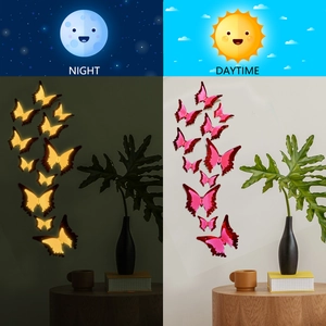 Luminous 3D butterfly wall stickers with pink glitter for night and day decor