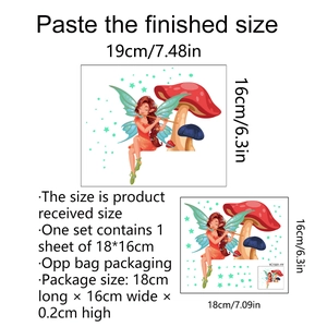 Luminous fairy and mushroom wall stickers for bedroom with dimensions and layout guides
