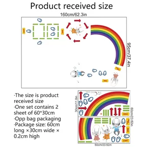 Rainbow hopscotch floor stickers with cartoon bunny, game mat for kids room 160x95cm