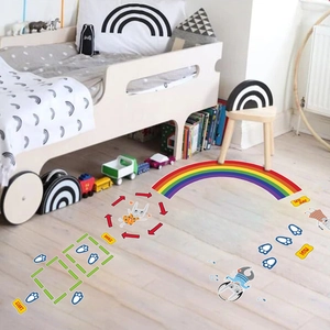 Rainbow hopscotch floor decals for kids room featuring colorful rabbit and action prompts