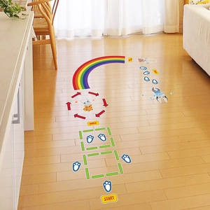 Rainbow hopscotch floor decals for kids room with cartoon rabbit and game path