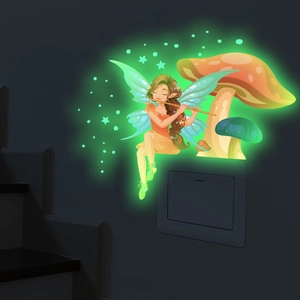Luminous fairy and mushroom wall stickers with green glow in the dark stars effect