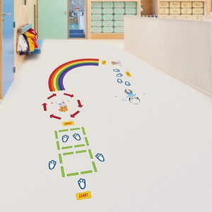 Rainbow sensory path floor stickers for kids room featuring colorful hopscotch game patterns