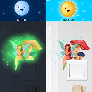 Detailed comparison of luminous fairy and mushroom wall stickers in daytime and night