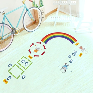 Rainbow path floor stickers for kids room with bunnies and hopscotch game path decals