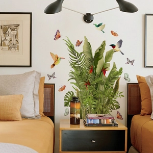 Stickers muraux feuilles tropicales vertes avec colibris et papillons pour la chambre