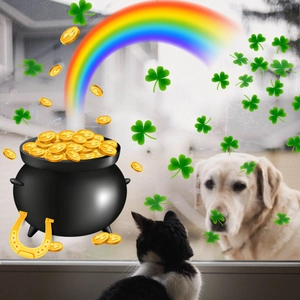 St. Patrick's Day clover window clings with rainbow and pot of gold on glass